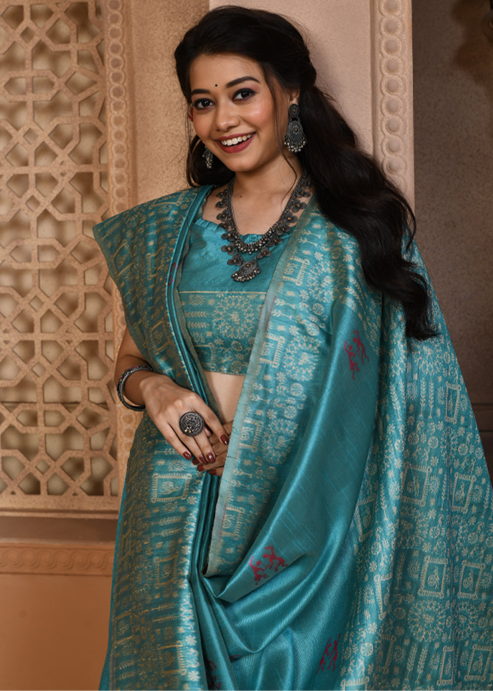 Buy MySilkLove Faded Jade Blue Woven Textured Cotton Silk Saree Online