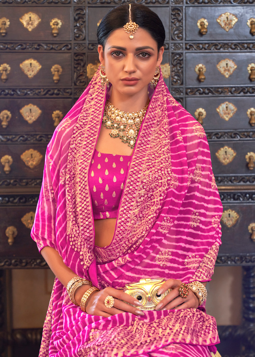 Buy MySilkLove Brilliant Rose Pink Lehariya Georgette Silk Saree Online