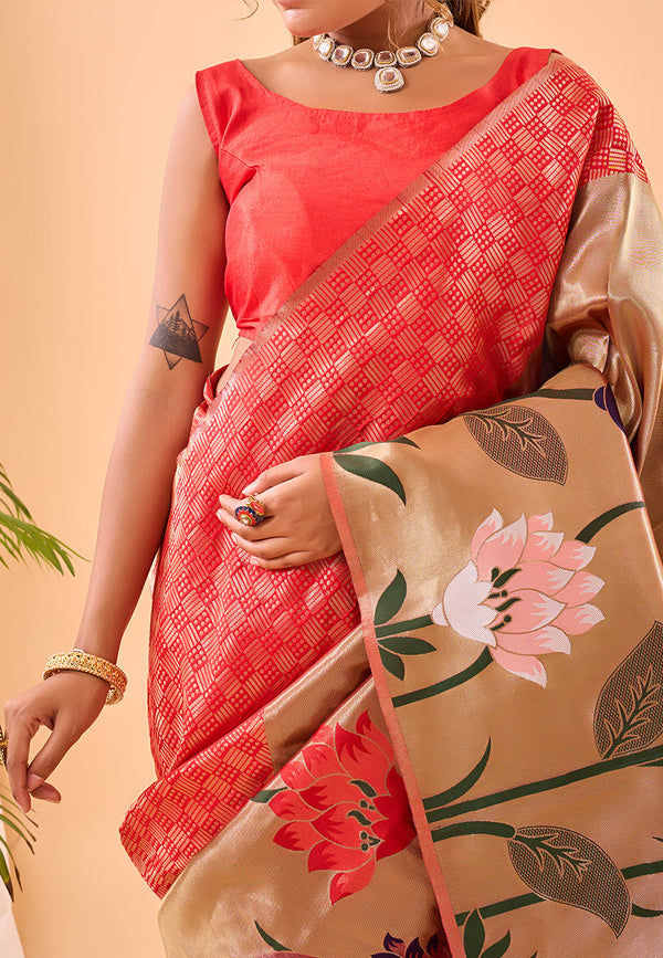 Jasper Red Fulrani Woven Paithani Saree