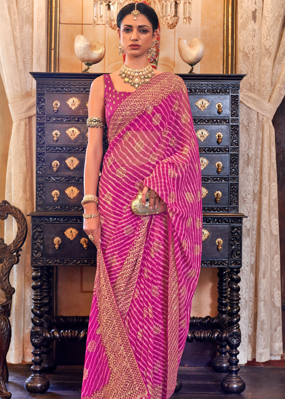 Buy MySilkLove Brilliant Rose Pink Lehariya Georgette Silk Saree Online