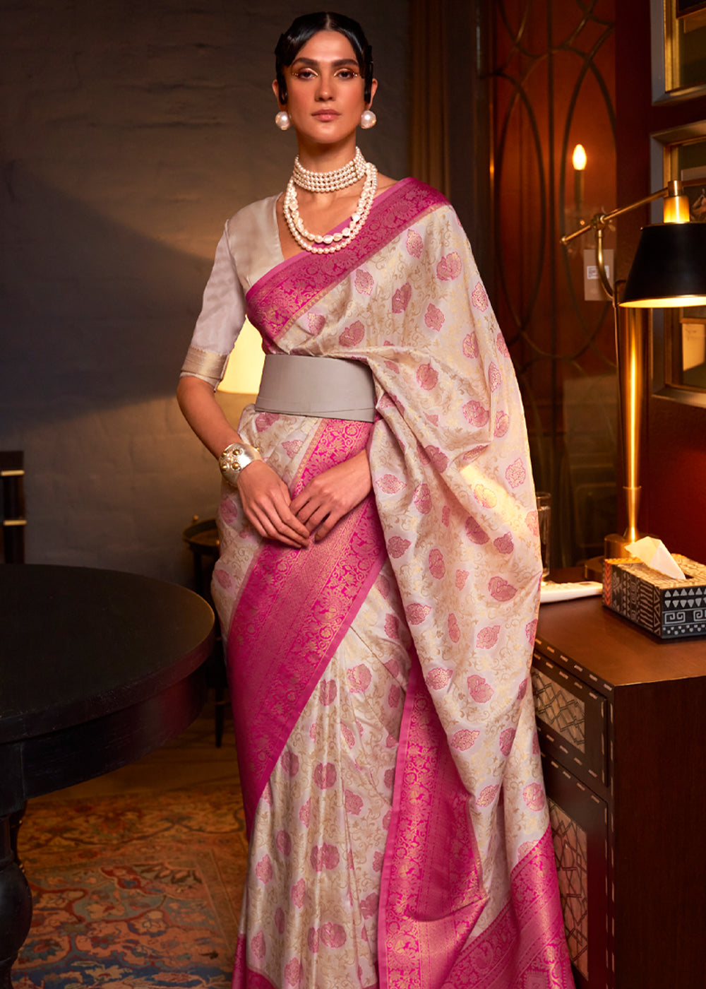 Buy MySilkLove Egg Sour White and Pink Woven Banarasi Soft Silk Saree Online