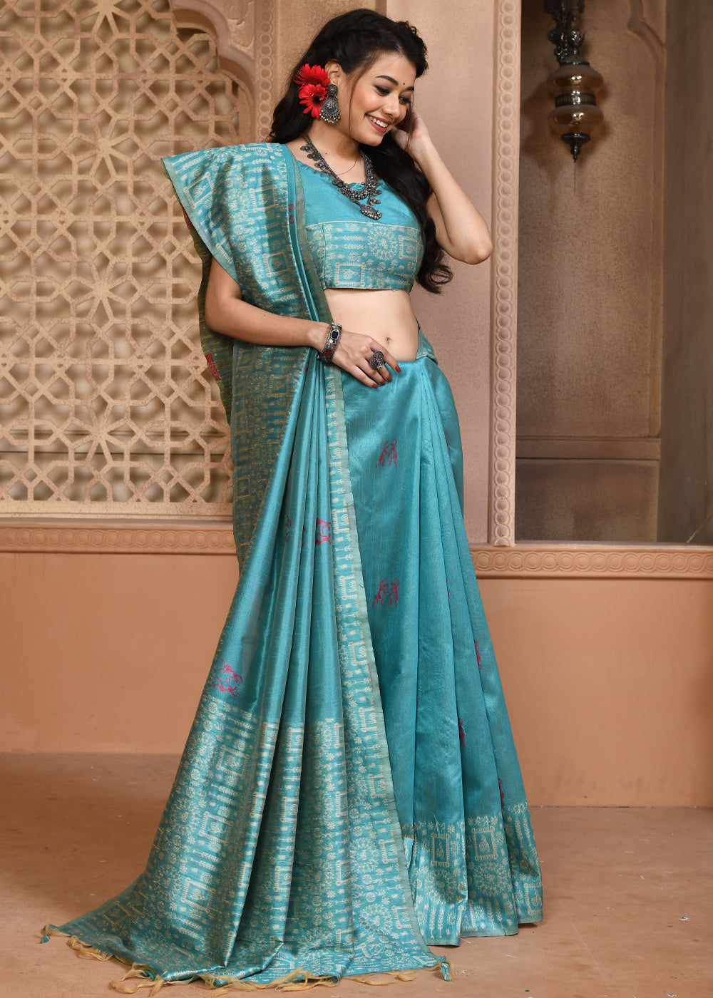 Buy MySilkLove Faded Jade Blue Woven Textured Cotton Silk Saree Online