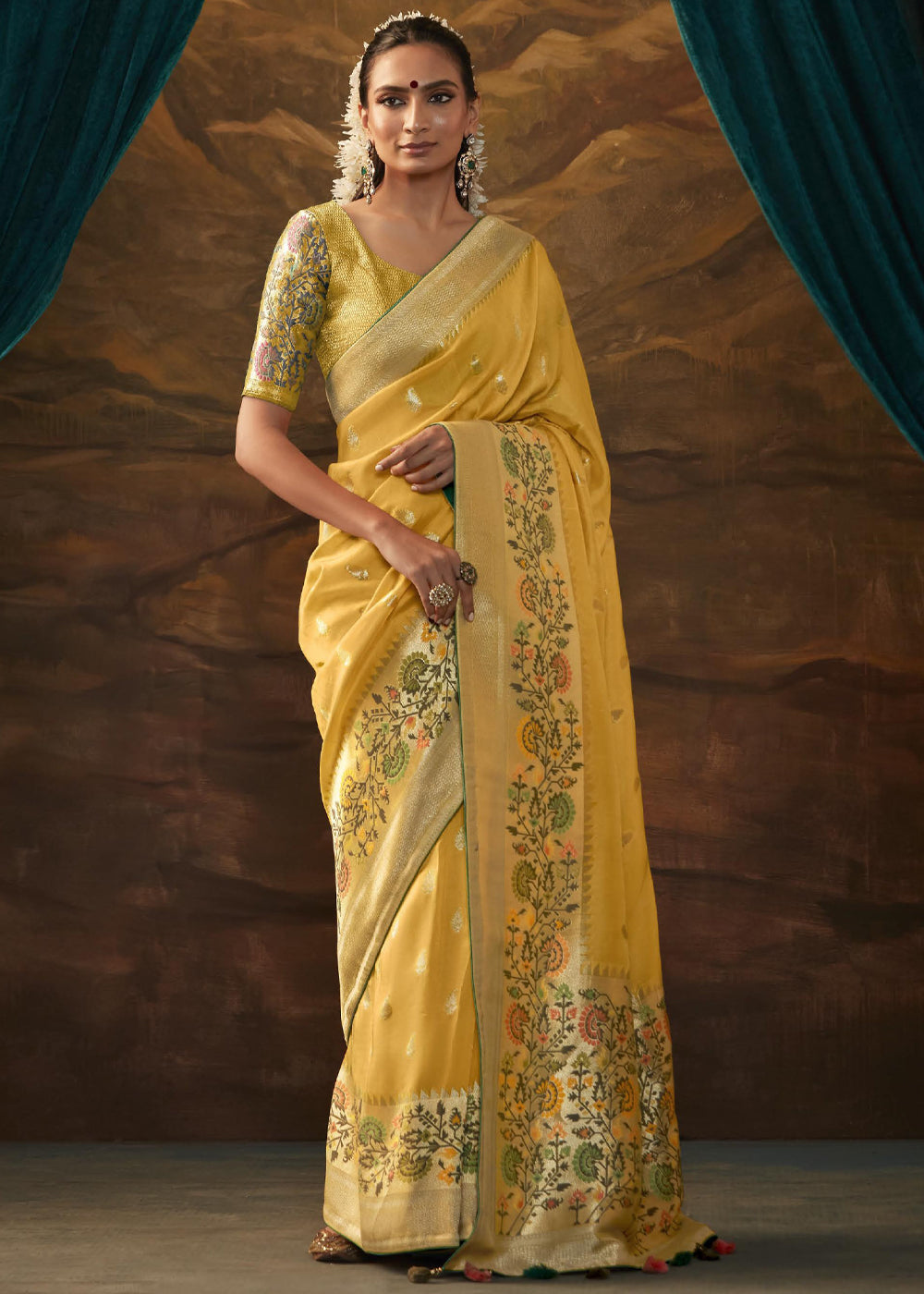 Buy MySilkLove Apache Yellow Woven Paithani Banarasi Soft Silk Saree Online