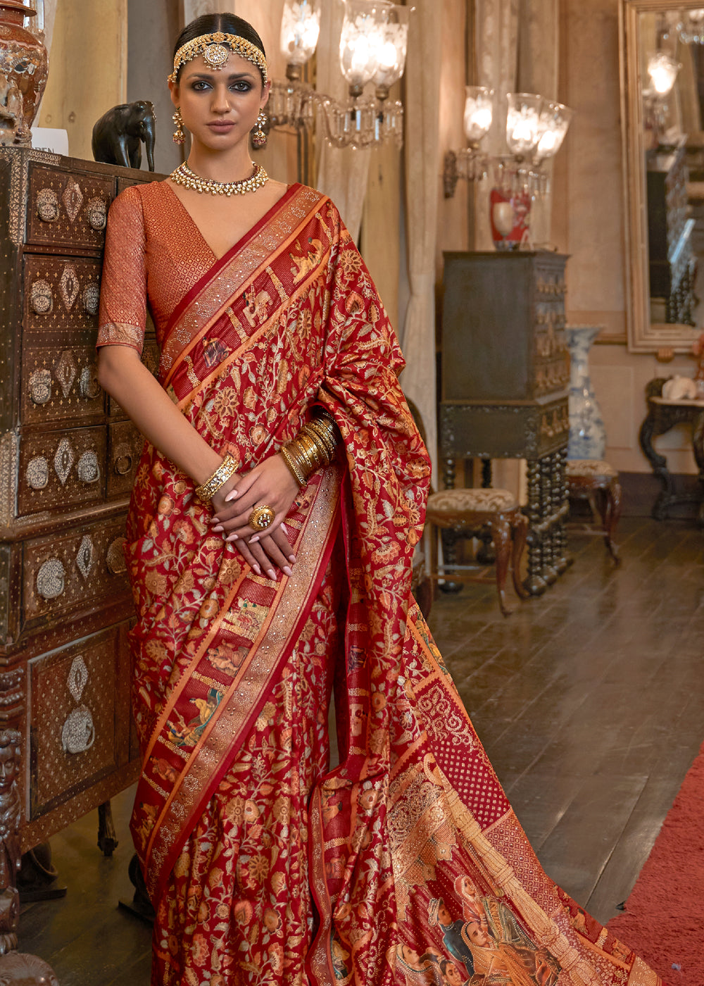 Buy MySilkLove Apple Blossom Red Woven Digital Printed Patola Saree Online