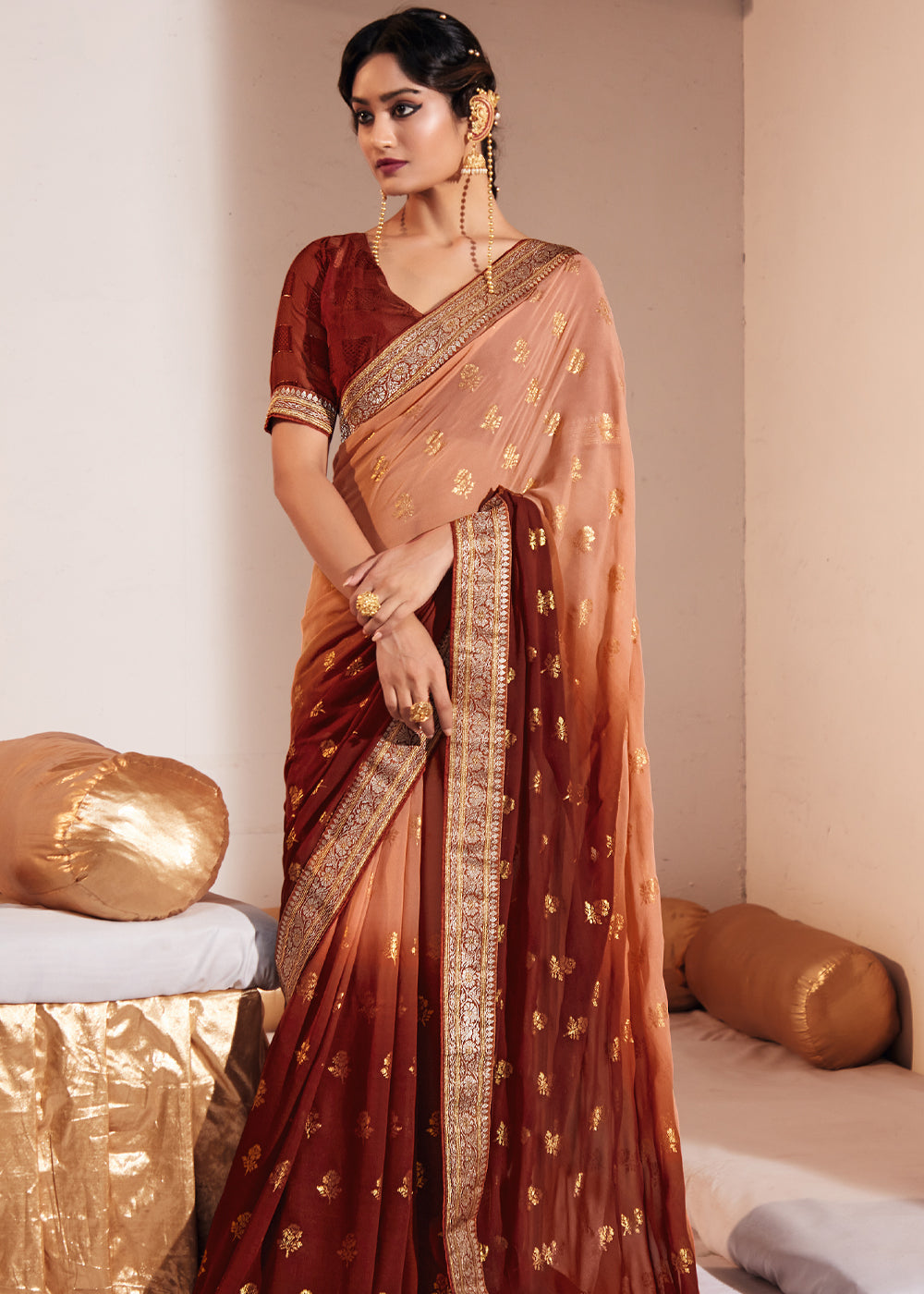 Buy MySilkLove Tonys Peach Woven Georgette Silk Saree Online