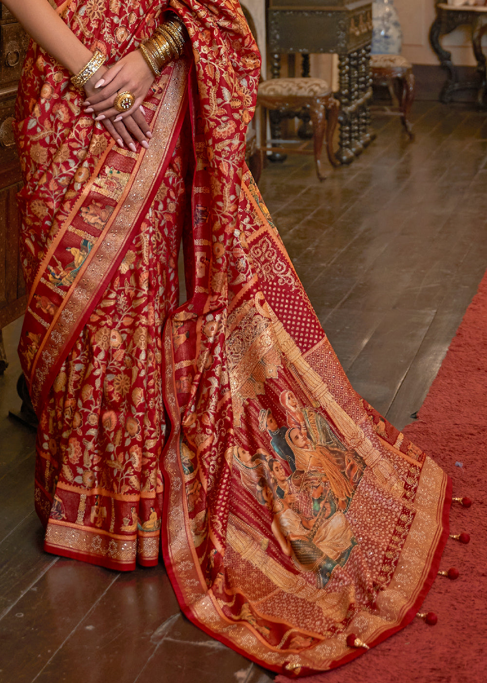 Buy MySilkLove Apple Blossom Red Woven Digital Printed Patola Saree Online