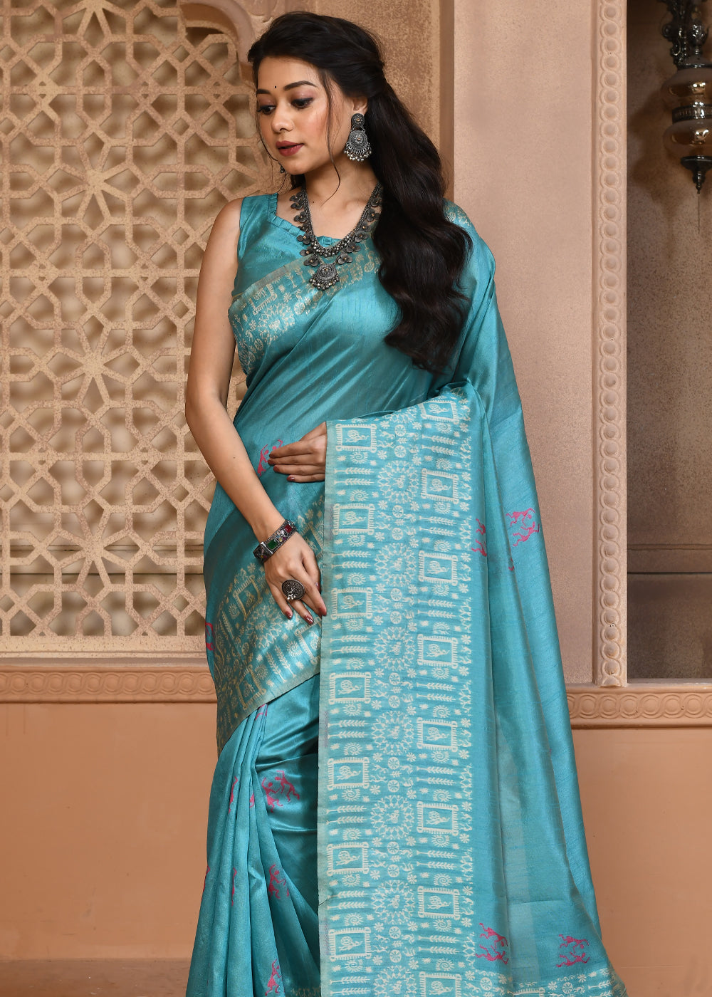 Buy MySilkLove Faded Jade Blue Woven Textured Cotton Silk Saree Online