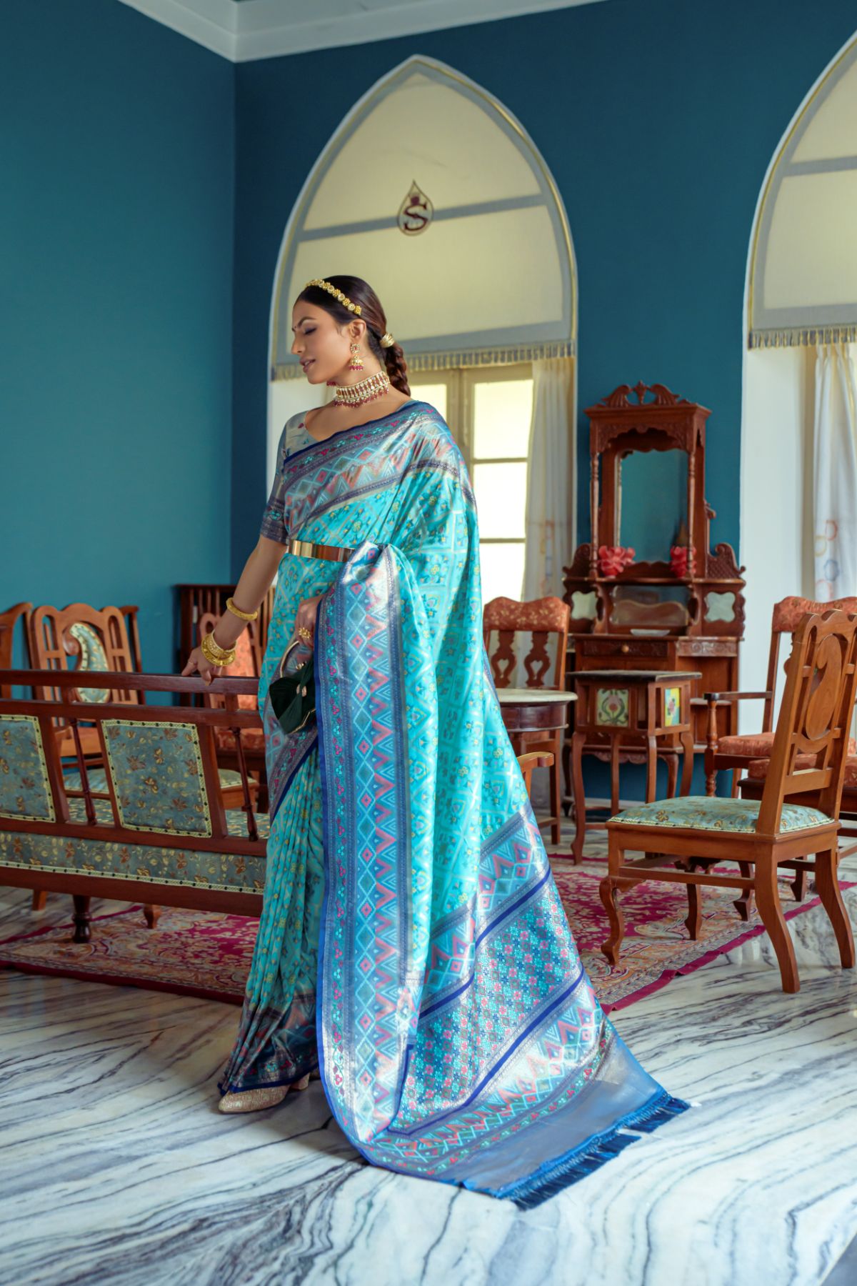 Buy MySilkLove Robins Egg Blue Banarasi Patola Silk Saree Online