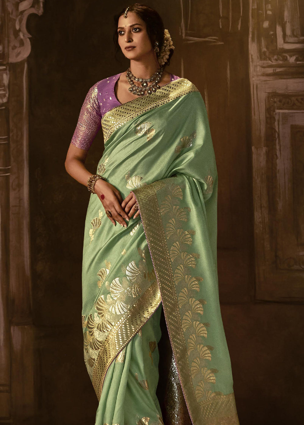 Buy MySilkLove Pine Glade Green Woven Designer Banarasi Silk Saree Online