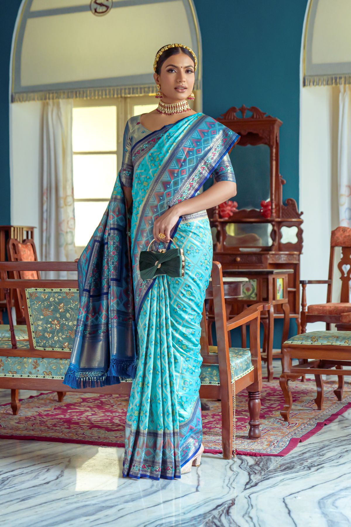 Buy MySilkLove Robins Egg Blue Banarasi Patola Silk Saree Online