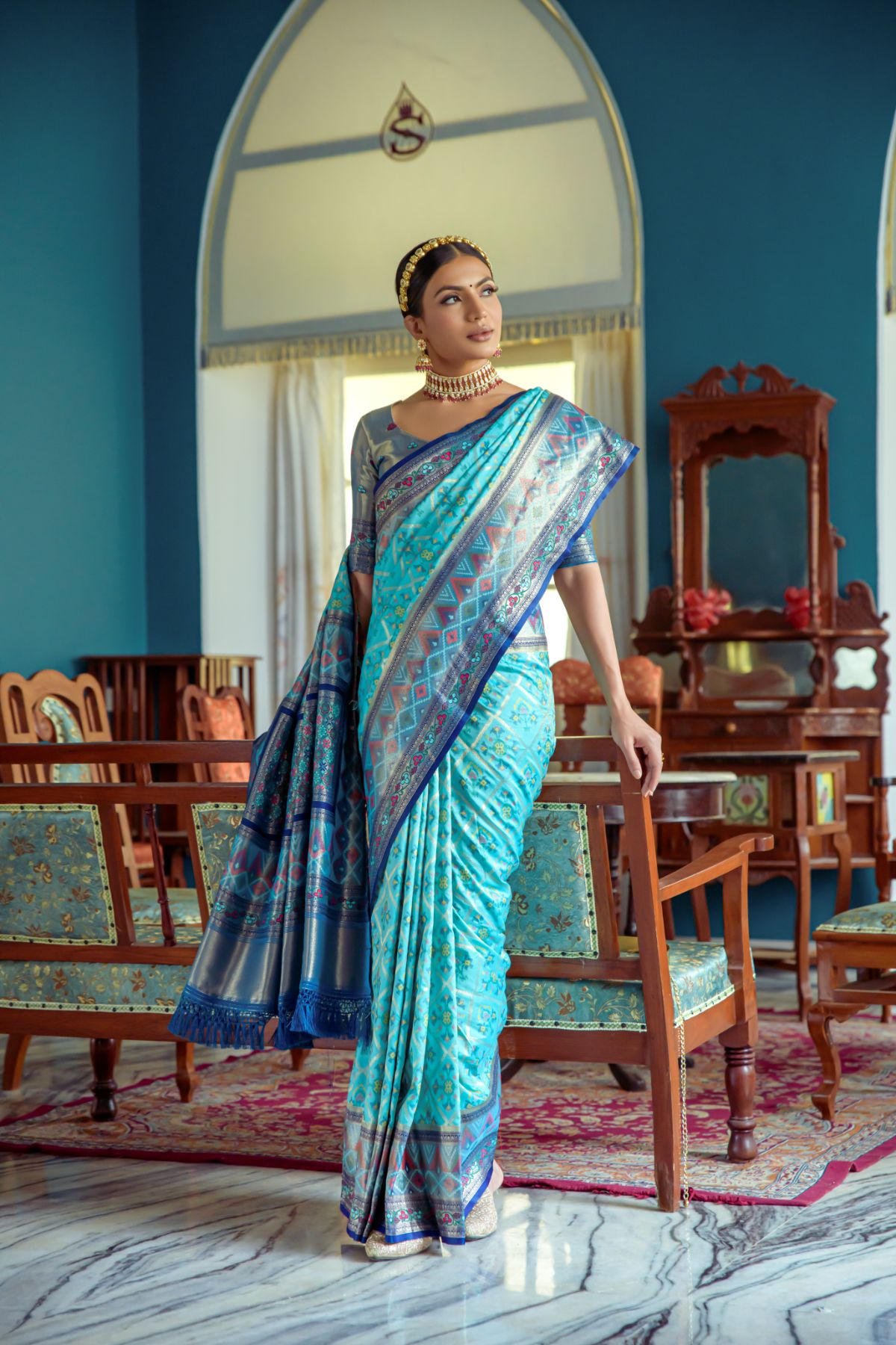 Buy MySilkLove Robins Egg Blue Banarasi Patola Silk Saree Online