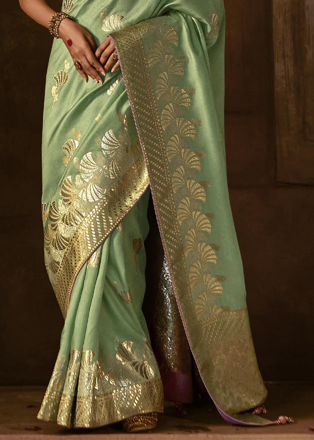 Buy MySilkLove Pine Glade Green Woven Designer Banarasi Silk Saree Online
