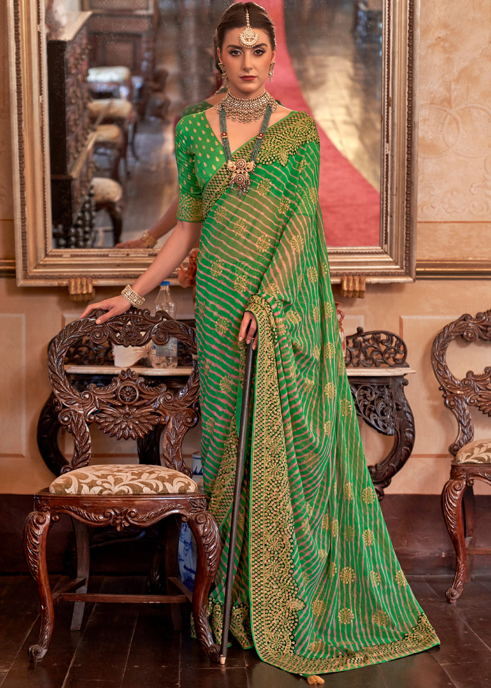 Buy MySilkLove Green Smoke Lehariya Georgette Silk Saree Online