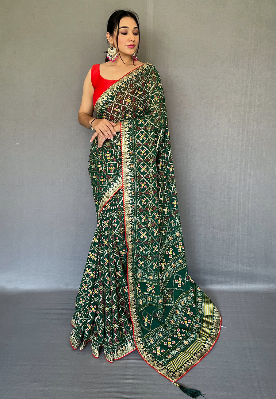 Buy MySilkLove Stromboli Green Embroidered Georgette Bandhani Saree Online