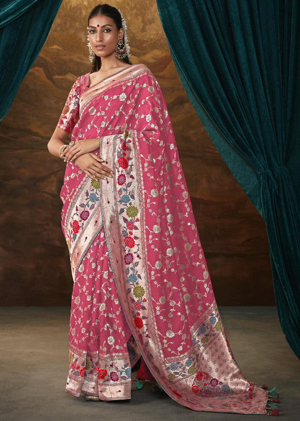 Tickle Me Pink Woven Paithani Banarasi Soft Silk Saree