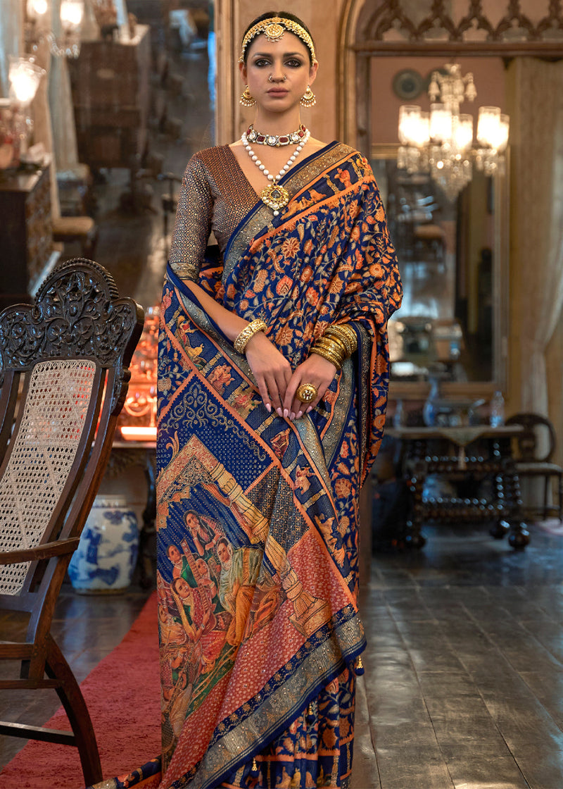 Navy blue printed patola saree with blouse - Lilots - 4117951