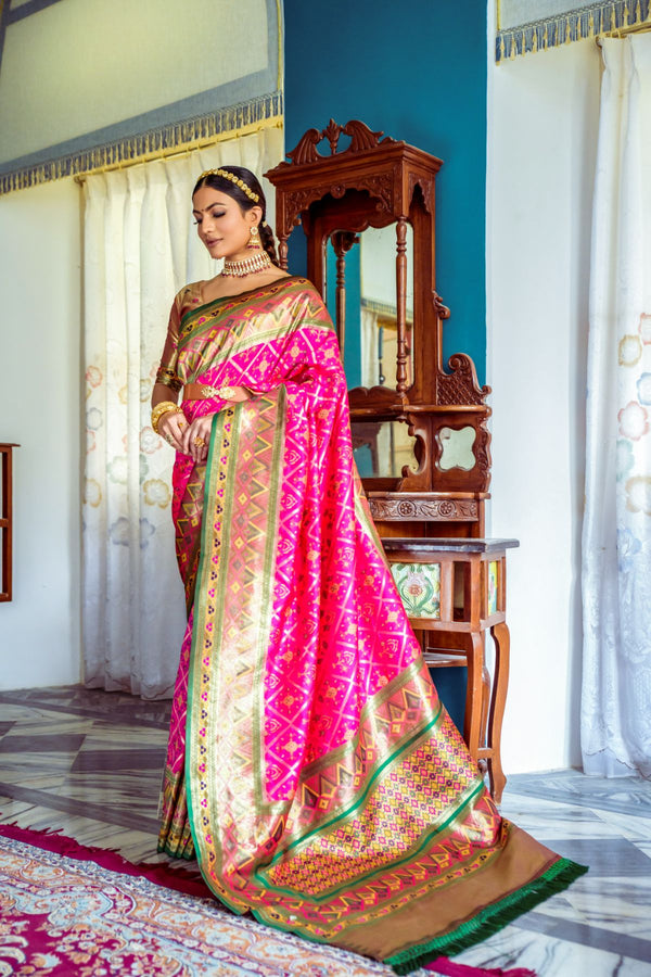 Hollywood Cerise Pink Banarasi Patola Silk Saree