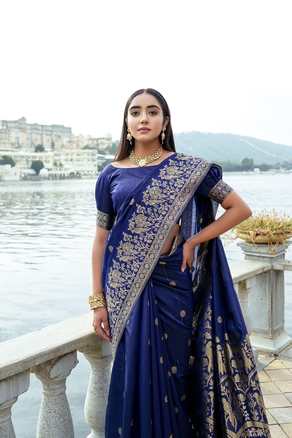 Buy MySilkLove Cloud Burst Blue Banarasi Soft Silk Saree Online