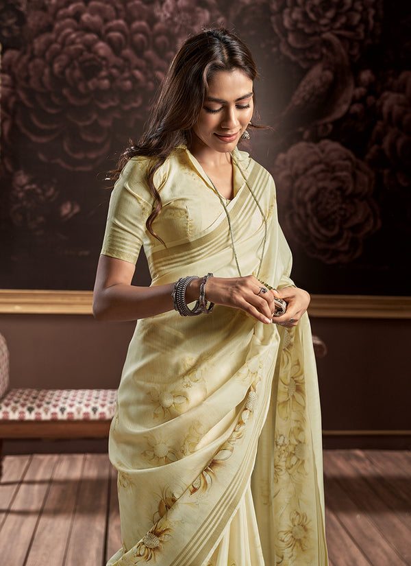 Chino Cream Handloom Silk Digital Printed Saree