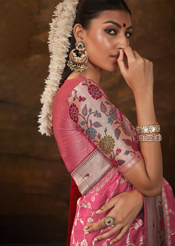 Tickle Me Pink Woven Paithani Banarasi Soft Silk Saree
