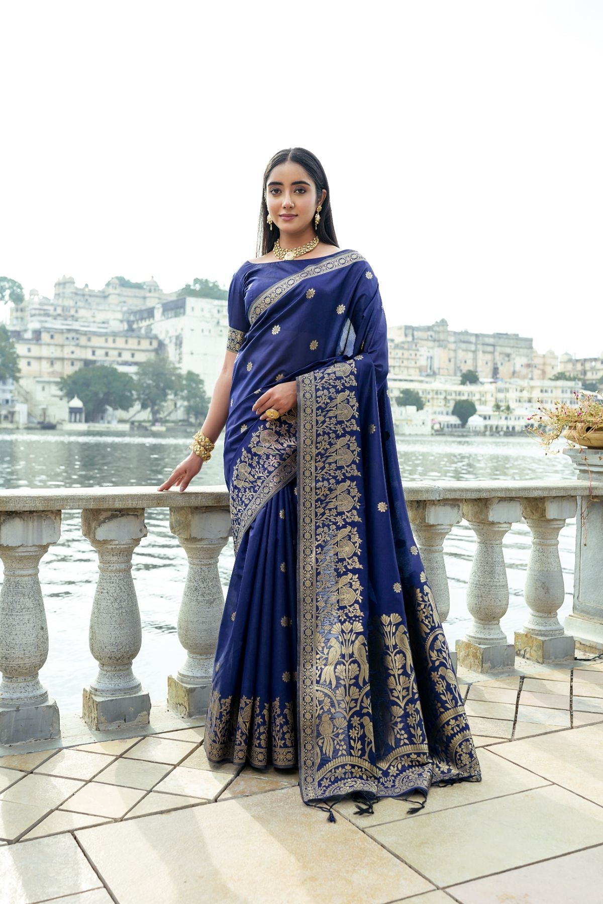 Buy MySilkLove Cloud Burst Blue Banarasi Soft Silk Saree Online