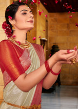 Akaroa White and Red Zari Woven Kanjivaram Saree