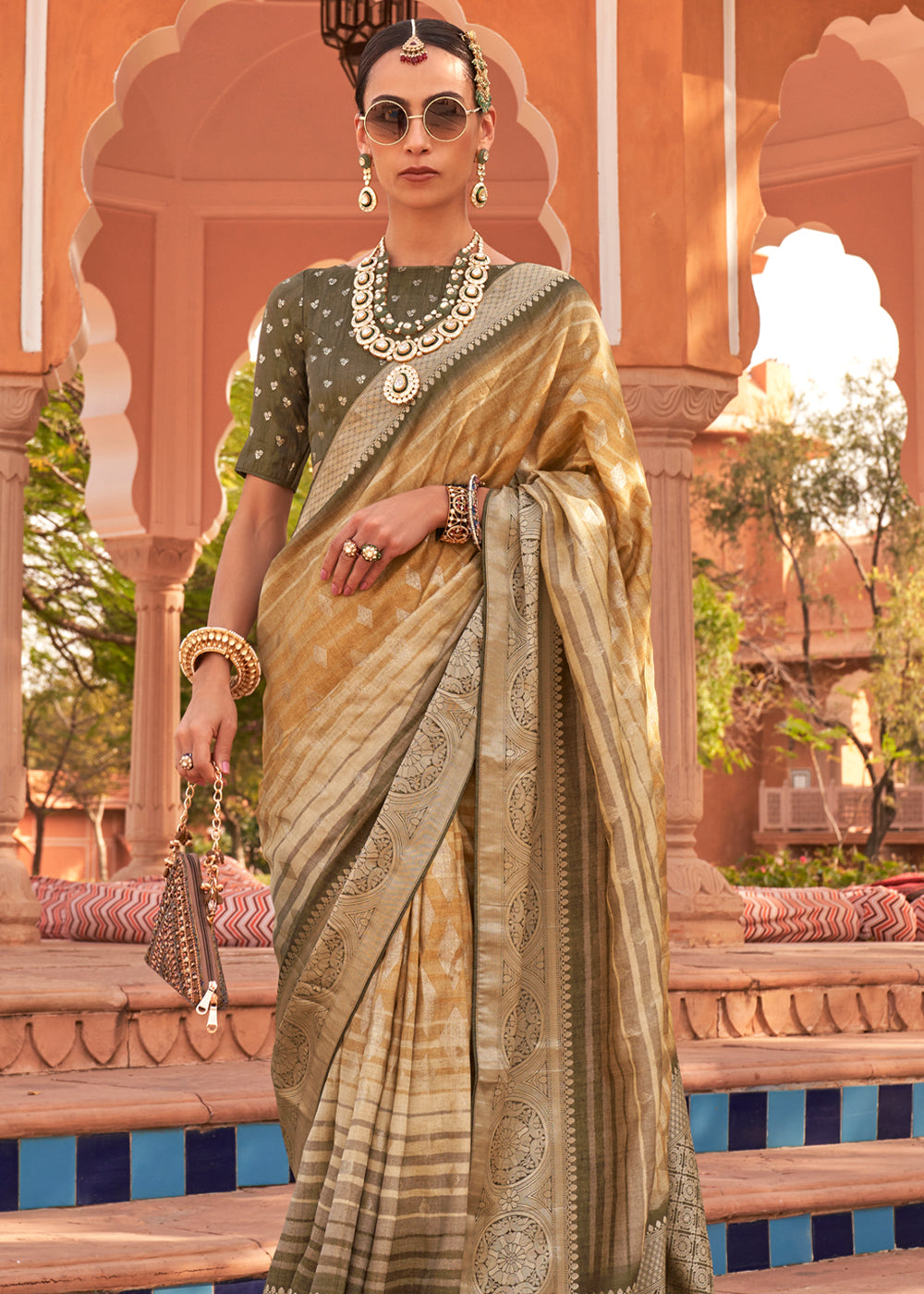 Buy MySilkLove Twine Golden Woven Soft Textured Printed Silk Saree Online