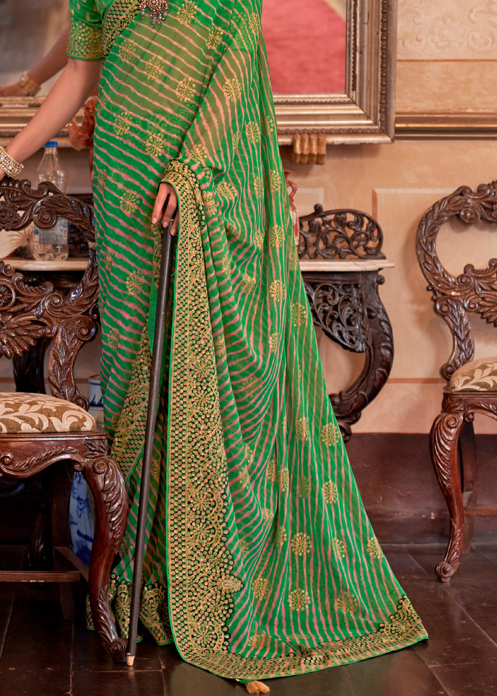 Buy MySilkLove Green Smoke Lehariya Georgette Silk Saree Online