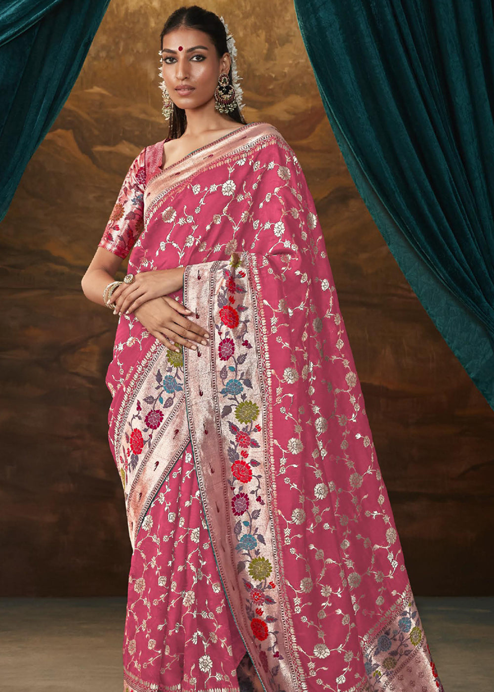 Buy MySilkLove Tickle Me Pink Woven Paithani Banarasi Soft Silk Saree Online