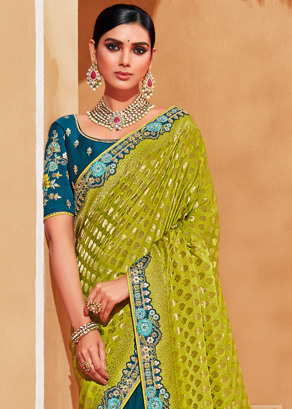 Buy MySilkLove Cyprus Blue and Green Embroidered Banarasi Silk Saree Online