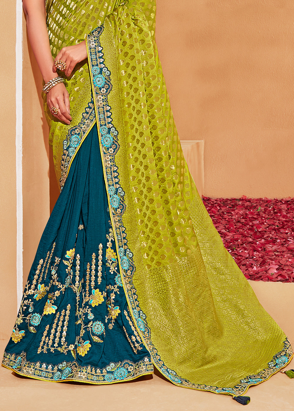 Buy MySilkLove Cyprus Blue and Green Embroidered Banarasi Silk Saree Online