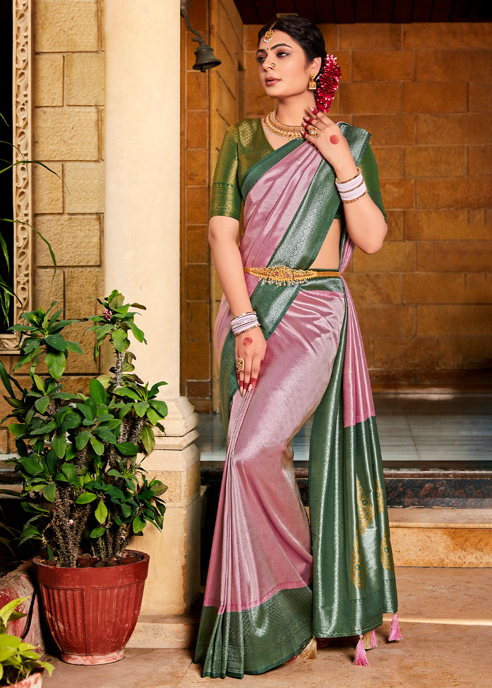 Buy MySilkLove Oriental Pink and Green Handloom Woven Kanjivaram Saree Online