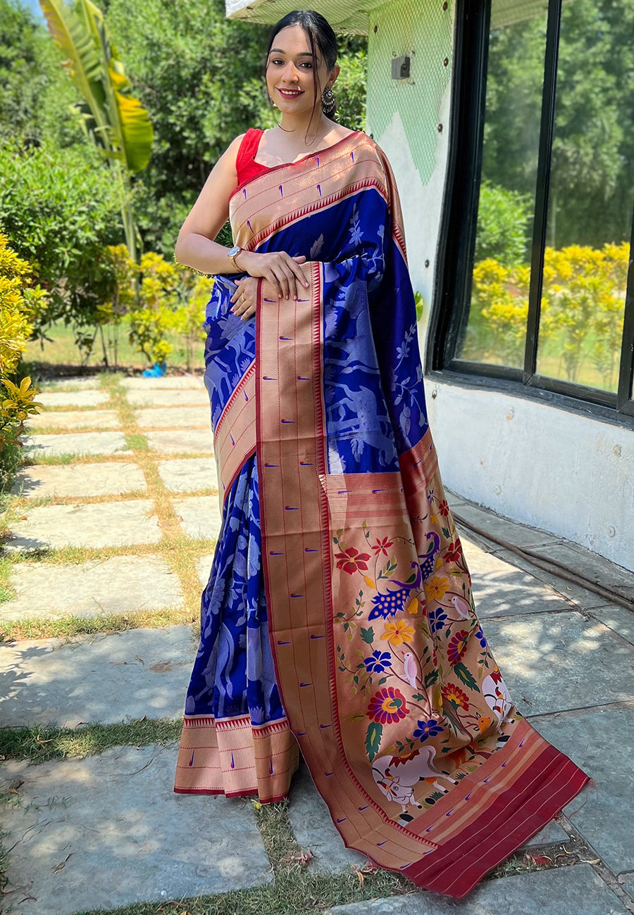 MySilkLove Sapphire Blue Pichwai Woven Paithani Silk Saree