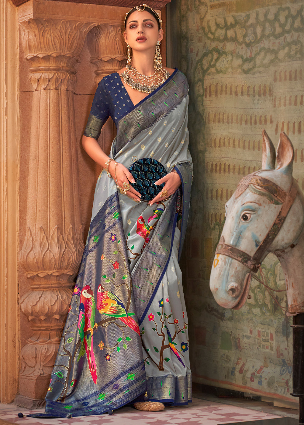 MySilkLove Tundora Grey and Blue Woven Paithani Silk Saree