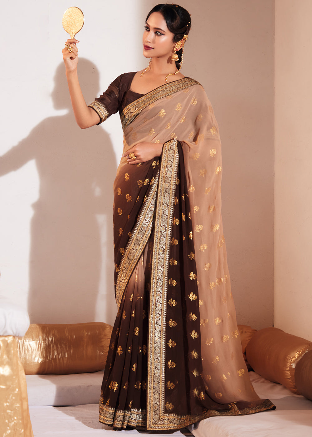 Buy MySilkLove Copper Penny Brown Woven Georgette Silk Saree Online