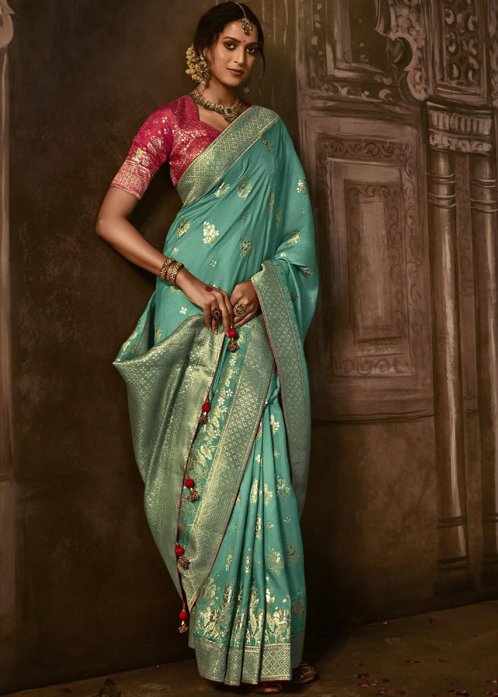 Buy MySilkLove Patina Green Woven Designer Banarasi Silk Saree Online