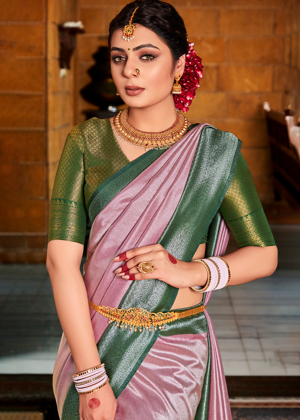 MySilkLove Oriental Pink and Green Handloom Woven Kanjivaram Saree