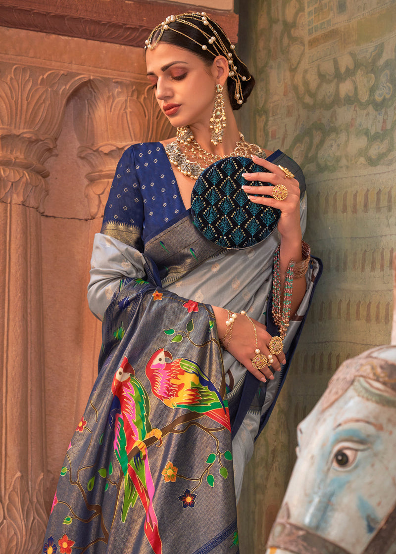 Tundora Grey and Blue Woven Paithani Silk Saree