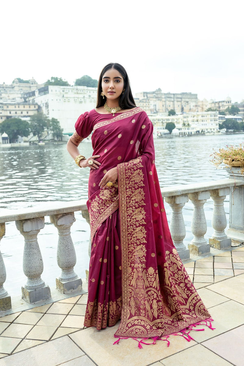 Orchid Purple Woven Banarasi Soft Silk Saree – Zari Banaras