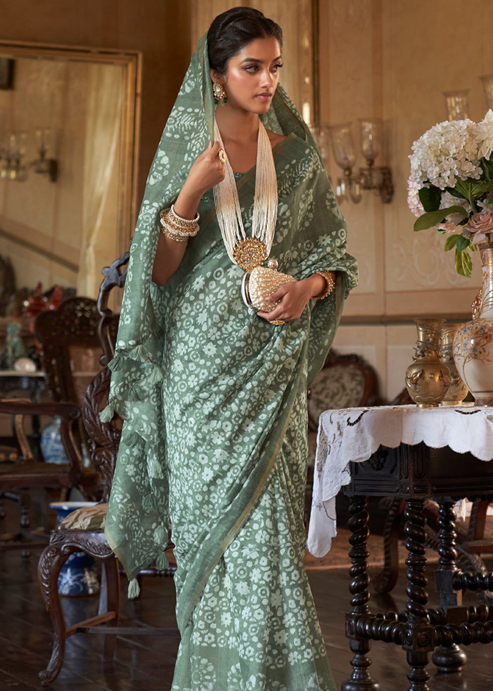 Buy MySilkLove Pewter Green Light Weight Linen Saree Online