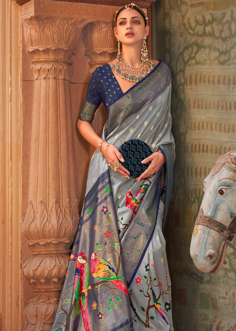 Tundora Grey and Blue Woven Paithani Silk Saree