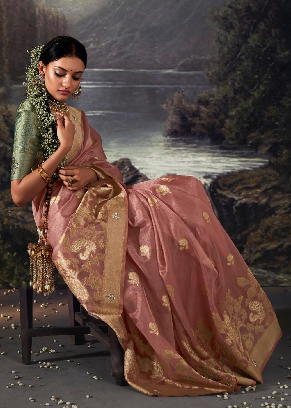 Buy MySilkLove Blast Off Bronze Peach Woven Banarasi Organza Silk Saree Online