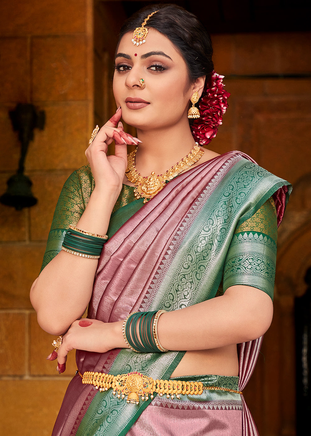 Buy MySilkLove Oriental Pink and Green Handloom Woven Kanjivaram Saree Online