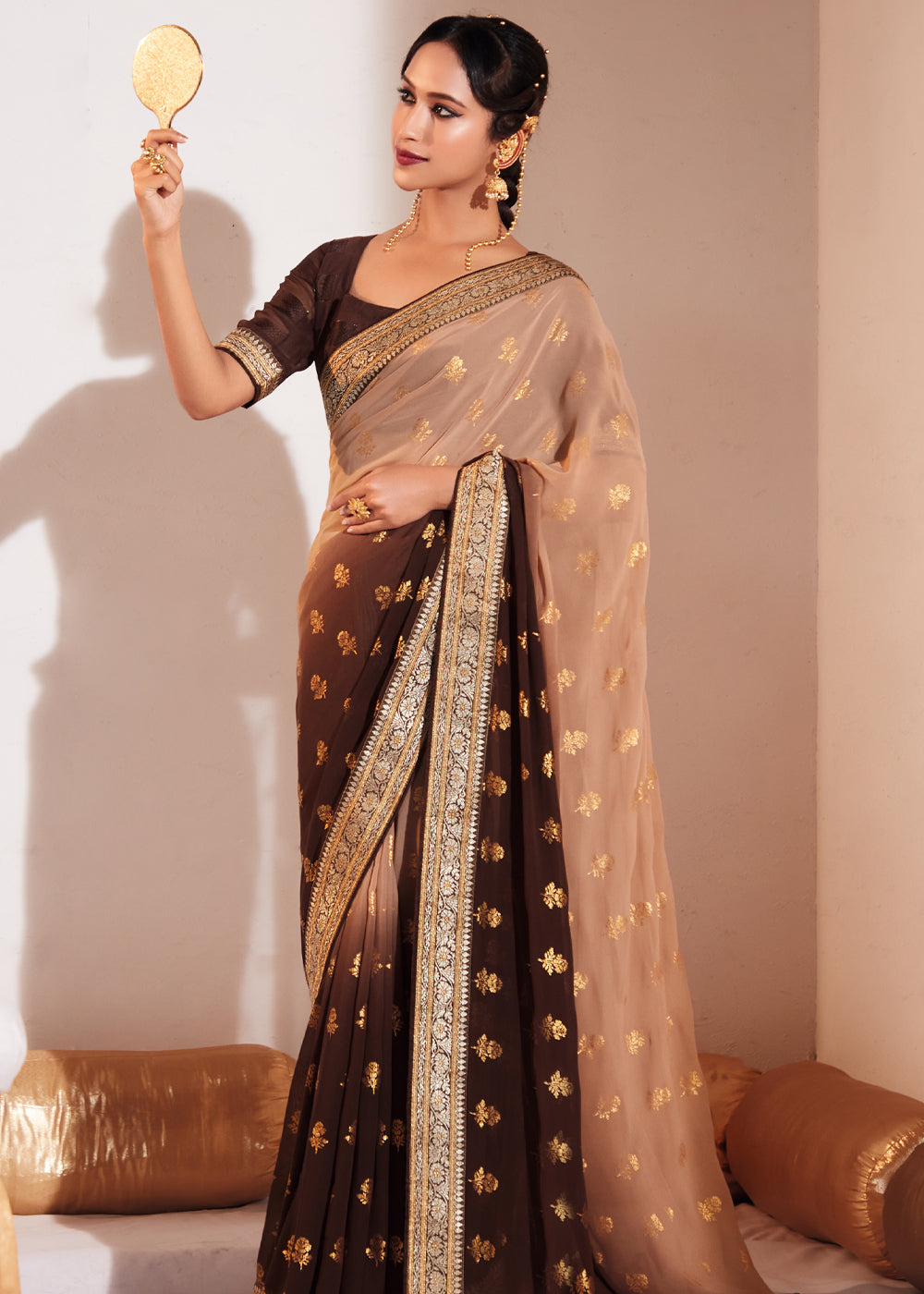 Buy MySilkLove Copper Penny Brown Woven Georgette Silk Saree Online