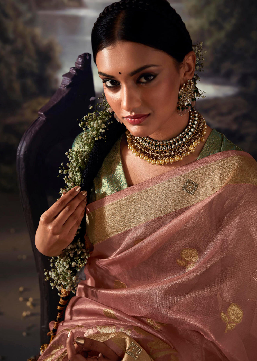 Buy MySilkLove Blast Off Bronze Peach Woven Banarasi Organza Silk Saree Online