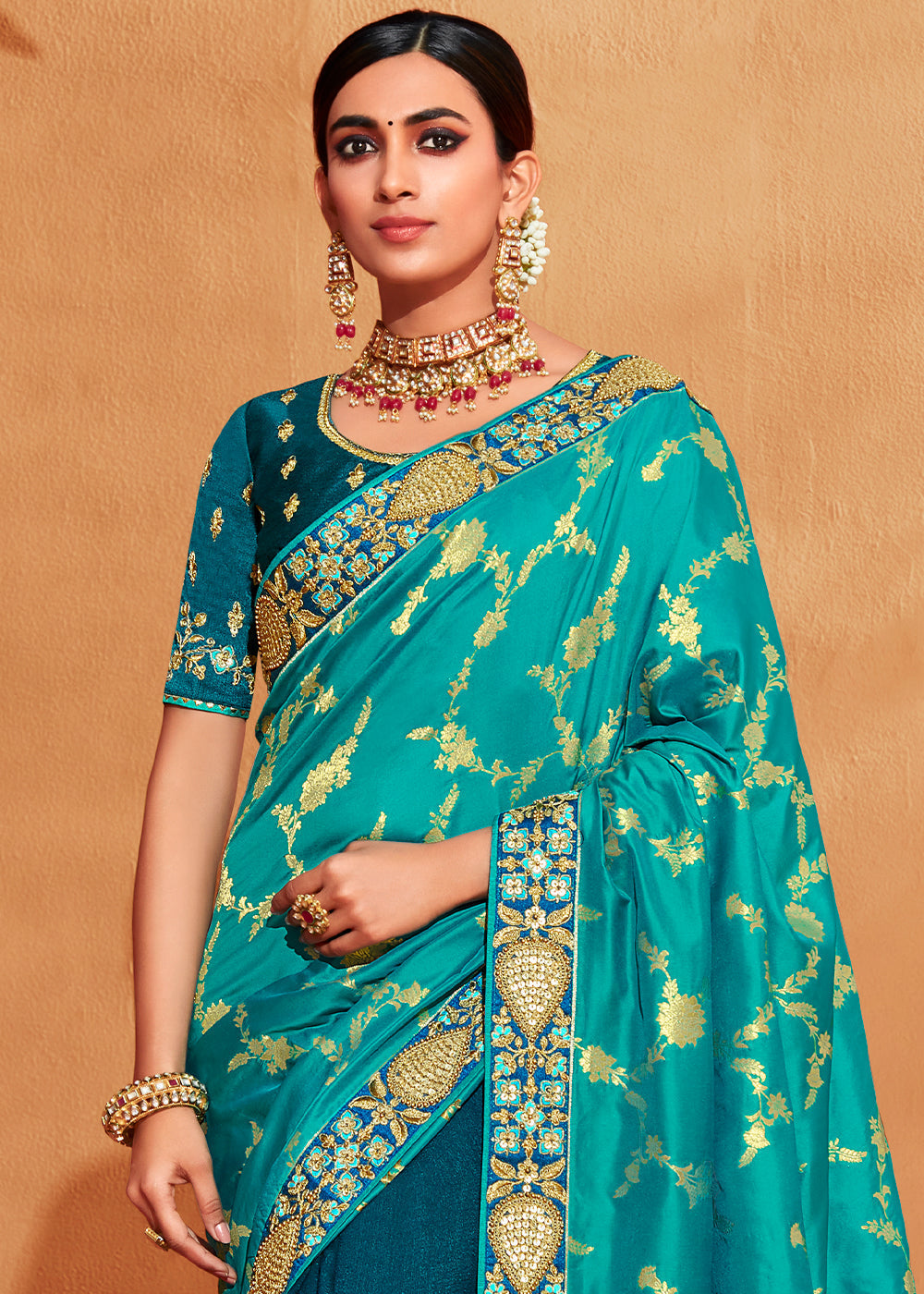 Buy MySilkLove Metallic Seaweed Blue Embroidered Banarasi Silk Saree Online