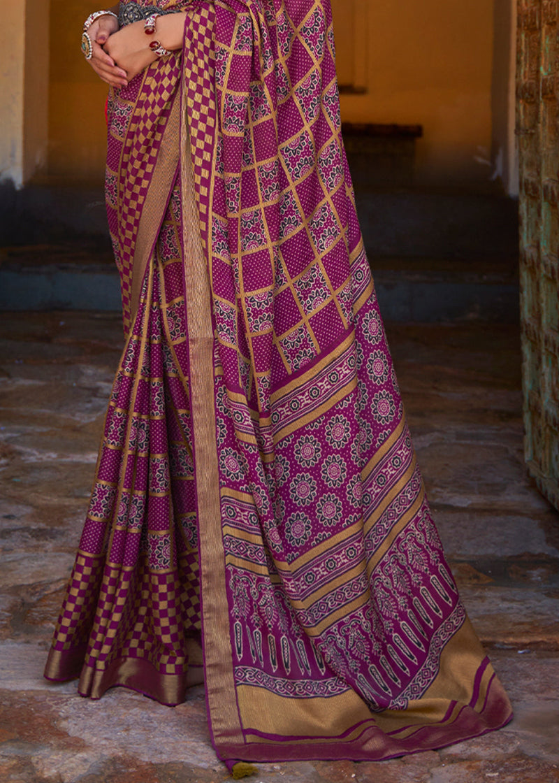 Tapestry Purple Printed Soft Silk Saree