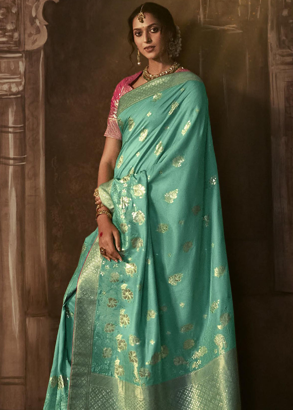 Buy MySilkLove Patina Green Woven Designer Banarasi Silk Saree Online