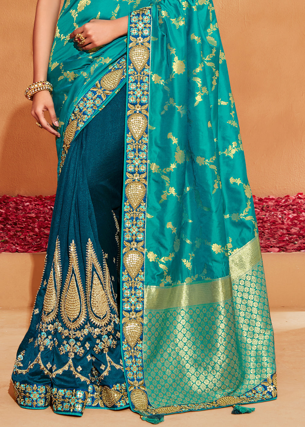 Buy MySilkLove Metallic Seaweed Blue Embroidered Banarasi Silk Saree Online