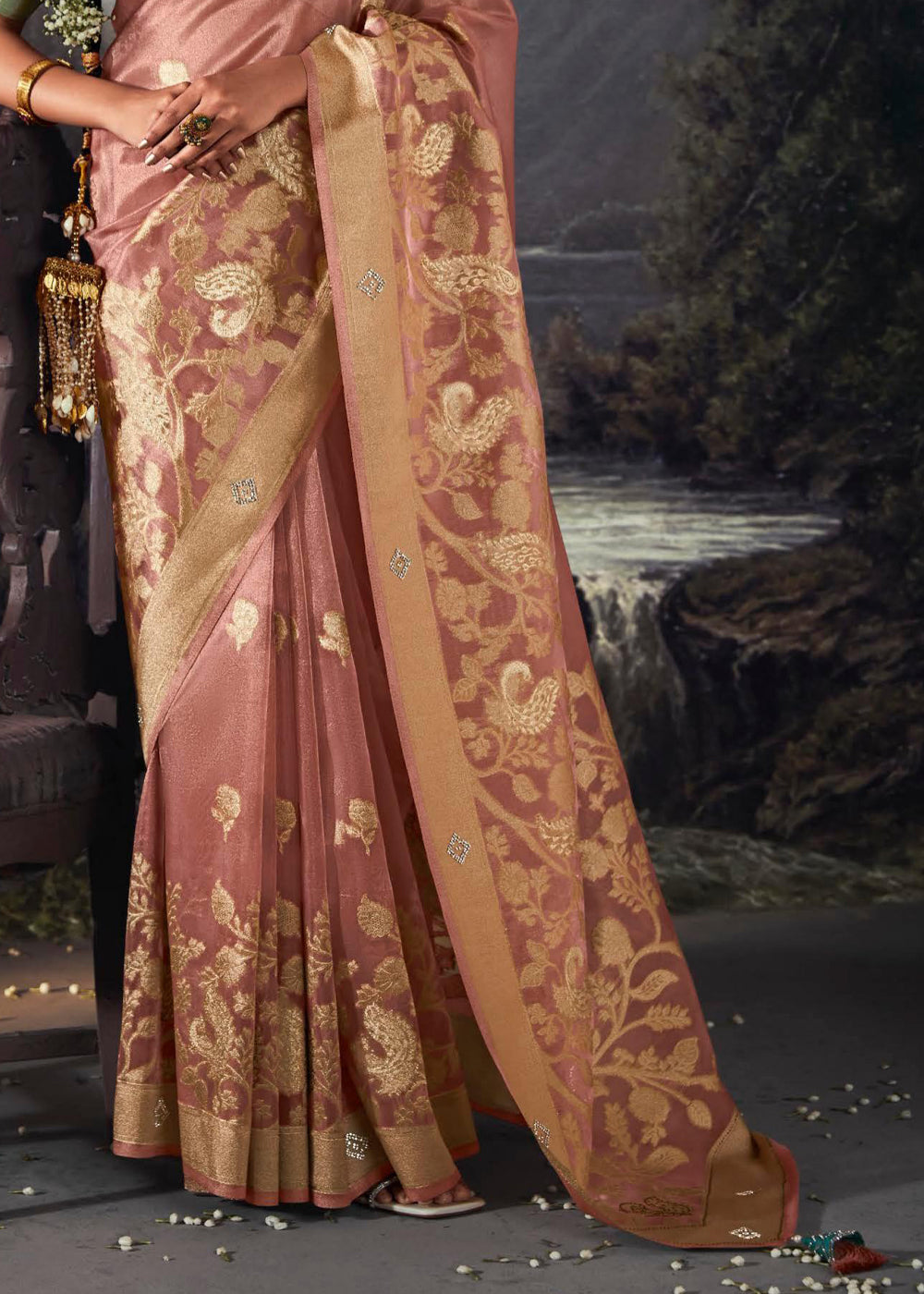 Buy MySilkLove Blast Off Bronze Peach Woven Banarasi Organza Silk Saree Online